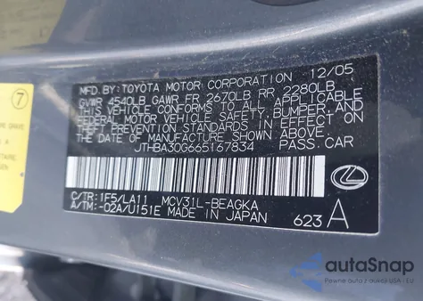 2006 Lexus Es 330 из США, поврежденный, VIN JTHBA30G665167834